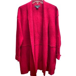 Tahari Maroon Wool Blend Raw Seam Long Open Cardigan, Pockets, Sz S
